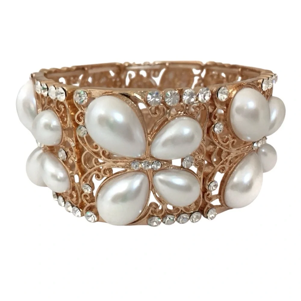 Butterfly Pearls Gold Tone Wide Panel Stretch Bracelet